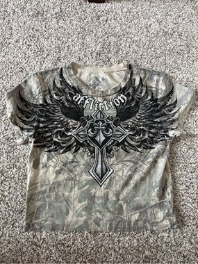 Affliction Shirt Womens Medium Ayala Camo Crop T Shirt Wings Cross Baby Tee Y2K